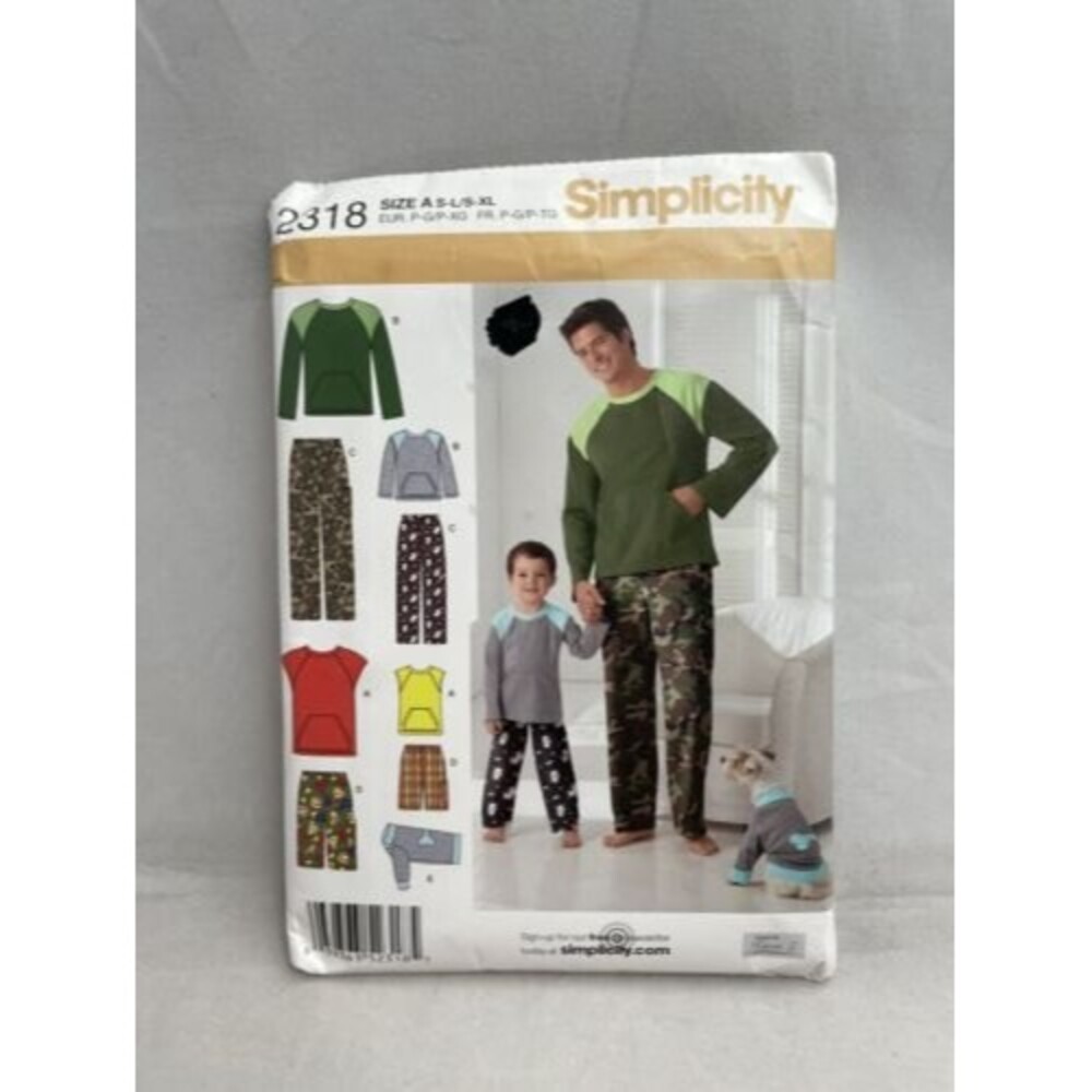 Simplicity 2318 Sewing Pattern Men Boy Dog Pajamas PJs Size A Sm Med Lg XL Uncut